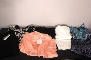 lot 100 image: Womens Clothing - some new wtags - LC, CJ Banks, shirts, pants and dress - XL sizes