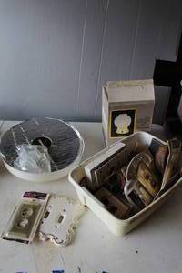 lot 37 image: flush-mount ceiling fixtures and mixed lot of vintage electrical components, including old outlets, wall plates, and more see pictures for details