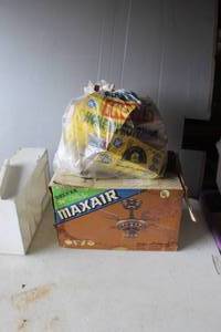 lot 38 image: vintage Maxair Deluxe 36-inch ceiling fan manufactured for Kmart. And a bag full of different light bulbs