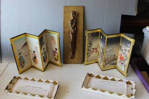 lot 48 image: 2- vintage decorative Japanese folding screen with paper work about 10 to 12 inches tall and vintage wall-mounted figural sculpture