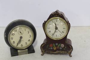lot 65 image: vintage Westclox Baby Ben wind-up alarm clock & vintage Reuge Heiss musical alarm clock