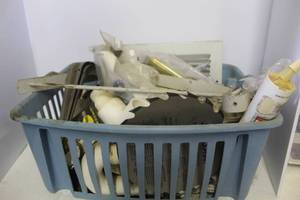 lot 74 image: blue plastic tote contains a variety of household and workshop supplies, including