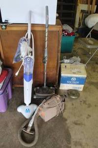 lot 150 image: white and blue H2O Mop steam cleaner & vintage Hoover Swingette canister vacuum cleaner & shark sweeper