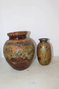 lot 152 image: decorative ceramic vases see pictures of signatures on bottom and the smaller one vintage enamel on brass decorative vase with hand-painted floral details, typically produced in India