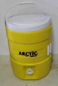 lot 163 image: vintage yellow Arctic Products Inc. 5-gallon plastic drinking water cooler
