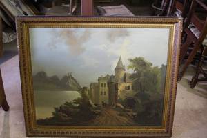 lot 256 image: vintage European oil on canvas landscape painting