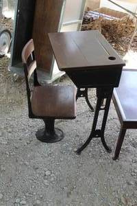 lot 299 image: antique school desk features a cast iron base and solid wood top