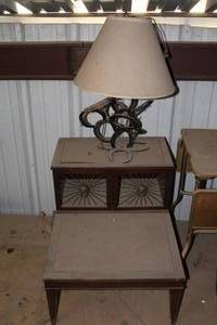 lot 306 image: vintage step-side end table and rustic table lamp