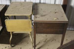 lot 307 image: vintage metal  table with drop down sides and a wood side table