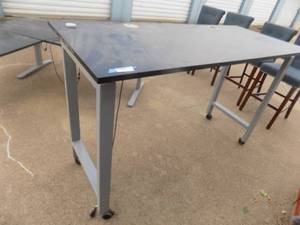 lot 100 image: Counter height workstation with plugs on rollers  72 L X 30 W X 45H