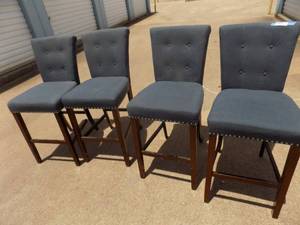 lot 103 image: Safavieh Taylor Navy blue fabric  bar stools with nail trim. VERY nice x4 $$$$$