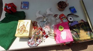 lot 123 image: Christmas- bags, beads, vase, dolls, and more