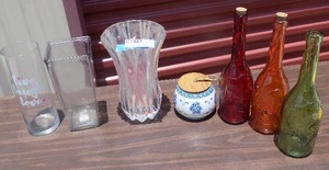 lot 144 image: VASES  & 3 COLRED DECORATIVE BOTTLES