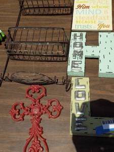 lot 148 image: METAL CROSS, HANGING WALL METAL SHELF, SIGNS  X 3