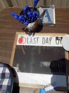 lot 150 image: LAST DAY OF SCHOOL  CHALKBOARD, LETTER STENCILS, CAN WITH SISSORS