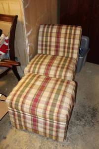 lot 107 image: Michael Thomas plaid chair with rolling ottoman