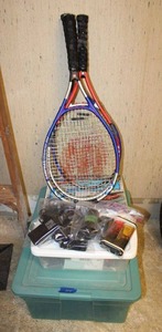 lot 155 image: Kids toys and plastic train set with tennis rackets