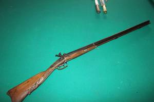 lot 21 image: antique muzzle-loading double-barrel percussion shotgun