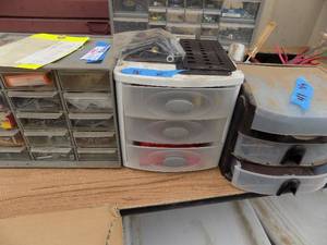 lot 41 image: 3 bins full of drill bits, screws toots etc.