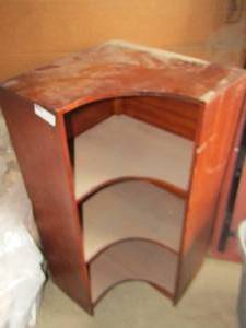 lot 9 image: Corner wood cabinet 3 shelves  36 X 19 X 19