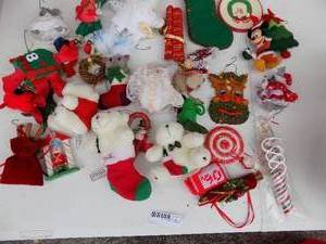 lot 114 image: Plush ornaments- Bear, stocking, Moose, reindeer, Micky Mouse, plus