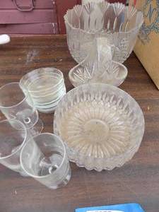 lot 117 image: Pressed and clear glass bowls x , basket, custard cups, 3 goblets