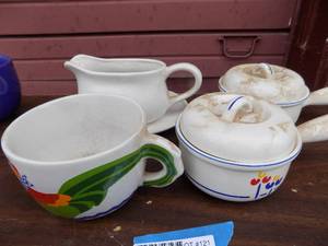 lot 121 image: rooster mug,  covered soup bowls tulips gray boat