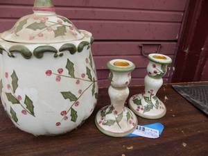 lot 128 image: Holly design canister and candleholders