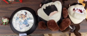 lot 172 image: Taz clock , stuffed Taz x 2, and small Taz