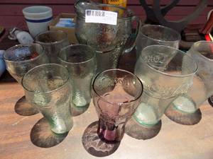 lot 176 image: Coca-Cola glass wear- green pitcher, 4 tumblers,3large tumblers and1 purple
