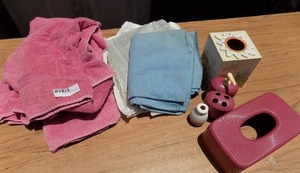 lot 178 image: towels with roses, table cloth blue, Kleenex tissue holder rose toothbrush holder, tissue box cover and lotion