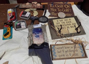 lot 195 image: Golf Sign, golf shoe spikes & tools and  frame