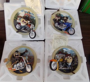 lot 222 image: AS TAZ I WANNA BE  COLLECTION  - SET OF 4 - TAZ ON MOTORCYCLE  3-D PLATES -  COA - BRADFORD  COLLECTION 1999