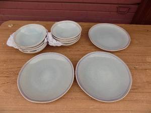 lot 249 image: DISHES - PALE BLUE WITH SPECKS 3 DINNER PLATES &  8 BOWLS