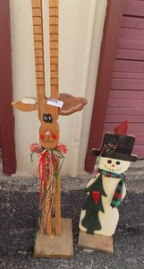 lot 251 image: REINDEER ( YES HE HAS 2 DIFFERENT EARS) & SNOWMAN WOOD FIGURES