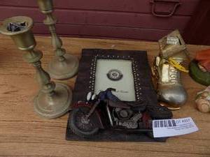 lot 257 image: BABY BOOTY BANK,  FRAME,  PAIR OF BRASS CANDLEHOLDERS