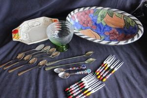 lot 66 image: Collection of serving pieces, octagonal fruit dish, 1950-1960 embossed ceramic dish from New Trends Japan, oval hand painted ceramic serving bowl and vintage Korean appetizer or cocktail sets featuring colorful cloisonne enamel handles