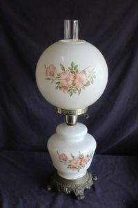 lot 116 image: Vintage-Style Parlor lamp features a hand-painted floral motif over milk glass, Gone with the Wind style