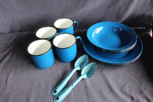 lot 143 image: Blue enamel camping dishes and two serving spoons