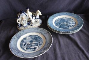 lot 146 image: Currier &amp Ives The Old Grist Mill dinner plates and vintage blue and white ceramic figurine