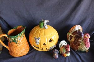 lot 305 image: Fall Ceramic Decor Items, including Pitcher, Cookie Jar, and turkey tureen with lid and ladle