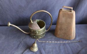 lot 309 image: Copper Cow Bell, watering can and candle snuffer