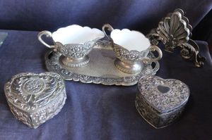 lot 311 image: Vintage Japanese silver-plated creamer and sugar set in rose pattern lined with white enamel and ornate matching tray, two Vintage Silver plate hinged heart trinket boxes and more