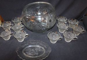 lot 366 image: Jeannette Glass Co Fruit pattern clear punch bowl and Federal Glass Punch glasses and plate