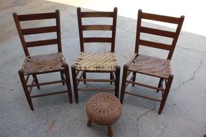lot 432 image: Three Vintage Ladder-Back Chairs and woven Foot stool