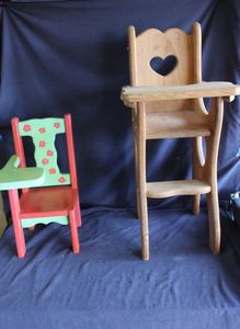 lot 459 image: Toy Wooden Doll Chairs a desk and highchair