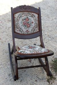 lot 476 image: Vintique Folding Rocking Chair With Carved Wooden Detailing and Floral Tapestry Upholstery&nbsp