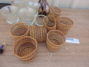 lot 160 image: pottery pitchers small , small baskets, glasses