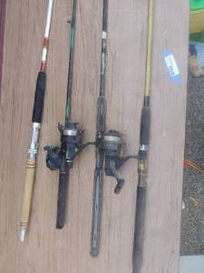 lot 14 image: Fishing-  rods with reels (Shakespeare  SRBC-100,  & ABU GARCIA ) and  rods Penn senator and unknown