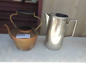 lot 339 image: Copper tea pot and silver coffee pots no lids great planters